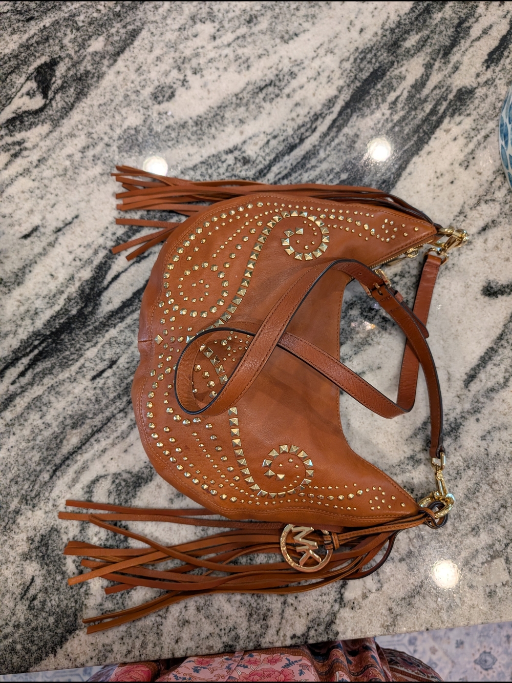 Michael Kors Rhea Tan Gold Studded Hobo Bag With Fringe - Picture 5 of 9